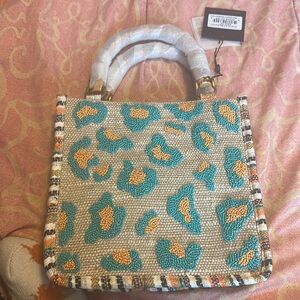 Beaded Leopard Print Top-Handle Shoulder Bag - Turquoise & Gold